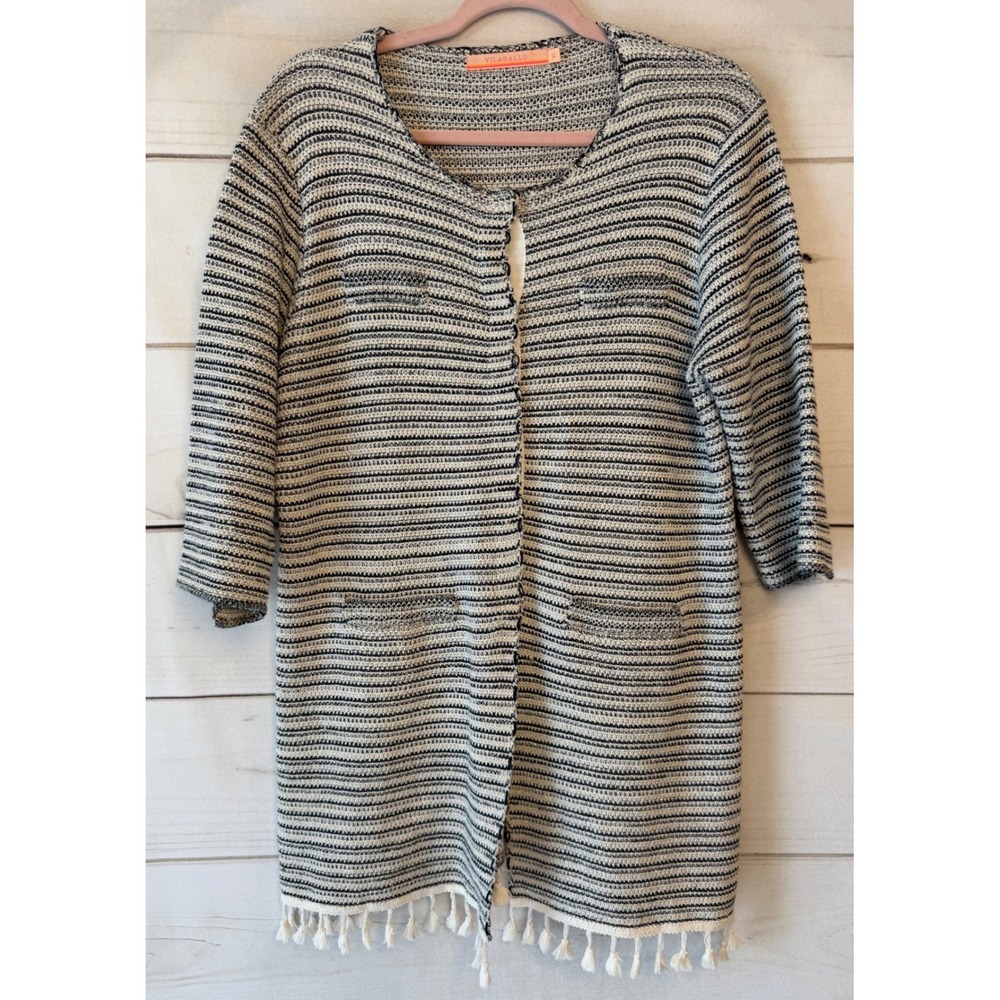 Vilagallo Metallic Striped Tassel Fringe Longline Cardigan Navy White XL